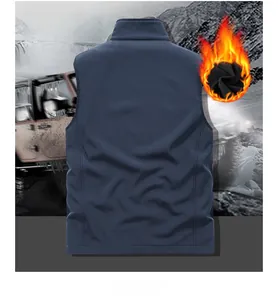 Rear view of deep blue outdoor softshell vest with thermal fleece lining for hiking