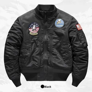 Close-up of black bomber jacket featuring military patches and windproof nylon texture