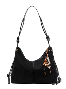Schwarze Wildleder-Hobo-Tasche im Retro-Stil mit großem Fassungsvermögen für Damen
