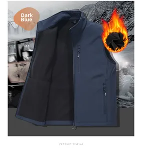 Detail of blue softshell vest showing warm fleece lining and functional pockets