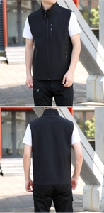 Detail view of men's casual outdoor vest showing front and back zip design and standing collar