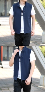 Detail view of men's casual outdoor vest with stand collar and functional zip pockets