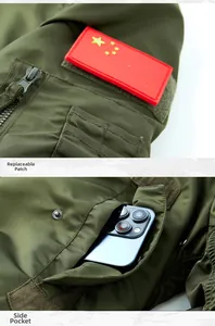 Detail of military green bomber jacket featuring velcro patches and large side pockets