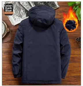 Rear view of men's thermal hooded jacket with dark fleece lining and windproof fabric