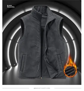 Detail of reversible men's vest showing fleece texture and zipper in black