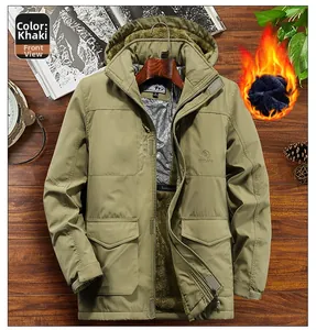 Detailed shot of khaki padded hooded jacket with thick warm fleece lining and pockets