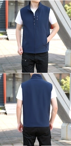 Front and back view of a navy blue outdoor vest with stand collar and zipper pockets