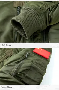 Macro view of bomber jacket ribbed cuffs and utility arm pocket with flag patch