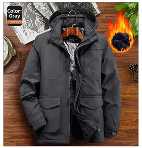 Detail view of deep gray outdoor jacket showing thick fleece lining and outdoor logo