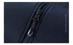Close-up of durable black zipper on dark blue modal cotton spandex softshell vest