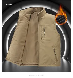 Close-up of reversible outdoor vest showing khaki shell and thick fleece interior