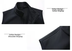 Detail of the stand-up collar design and smooth zipper on a black outdoor sports vest