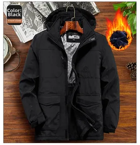 Detail of men's black hooded parka featuring windproof fabric and warm fleece lining