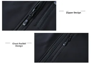 Detail view of the stand collar zipper and hidden chest pocket on a black sports vest