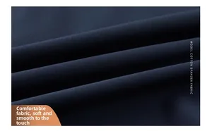 Detail of navy blue softshell fabric made from modal cotton and spandex with fine texture