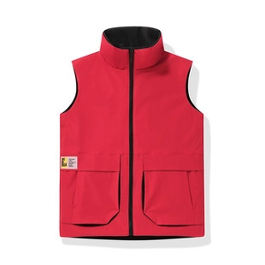 Detail of red windproof vest jacket showing contrast zipper and large utility pockets