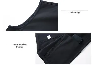 Detail of black sports vest featuring warm fleece lining and large interior phone pocket