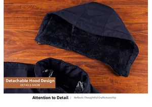 Detail view of the detachable hood design on a navy blue fleece-lined winter parka