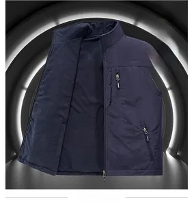 Detail of dark blue windproof vest featuring standing collar and warm fleece lining