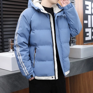 Detail of blue corduroy jacket with white side stripes and zip closure in casual style