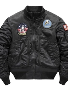 Classic black MA-1 bomber jacket with military embroidery and tactical arm pocket