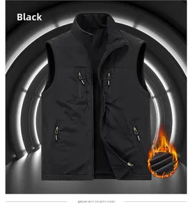 Detail of reversible thermal vest with multiple zipper pockets and warm fleece lining