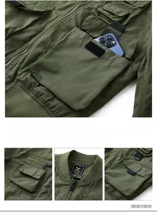 Detail of olive green tactical jacket with multiple cargo pockets and ribbed collar