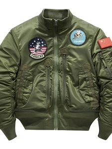 Army green quilted bomber jacket with military embroidery patches and tactical pockets