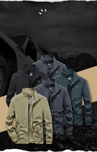 Detail view of five outdoor jackets showing windproof stand collars and zippers