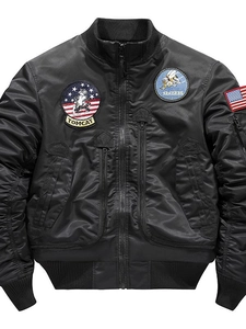 Men's black padded bomber jacket with military flight patches and a nylon finish