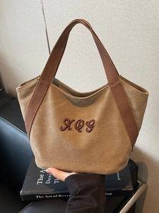 Large khaki and brown canvas tote bag with letter embroidery for daily commuting