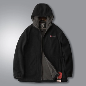 Detail of Norway fleece jacket with thick lining, embroidery logo and hood