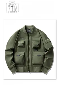 Detailed close-up of army green military bomber jacket with functional multi-pockets