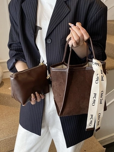 Sac Seau en Cuir PU Aspect Daim Rétro pour Femmes Sac Cabas Minimaliste Avec Décor de Ruban Sac à Bandoulière Quotidien