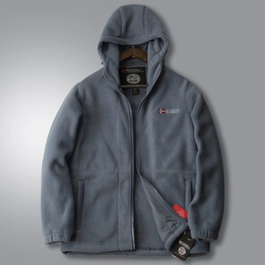 Thick dark grey fleece hooded jacket with full zipper and outdoor embroidery