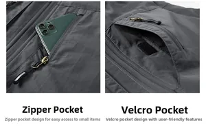 Detail of reversible outdoor vest featuring functional zipper and velcro utility pockets