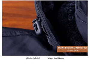 Detail view of adjustable drawstring toggle with thick black fleece lining on parka