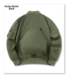 Detail view of military green bomber jacket back with zip pockets and D-ring hooks
