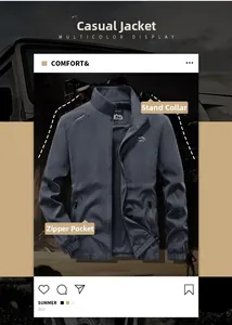 Close-up of a dark grey outdoor jacket showing stand-up collar and zipper pocket detail