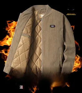 Detail view of corduroy bomber jacket with quilted lining and ribbed cuffs