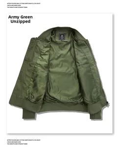 Inside view of an open army green bomber jacket showing inner pocket and lining