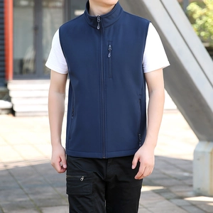 Men's navy outdoor softshell vest with high collar and functional zipper pockets