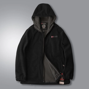 Detail of Norway Outdoor jacket showing thick fleece lining, logo, and hood design