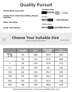 Tableau des tailles détaillé pour gilet de pêche en maille, tailles allant de S à 5XL