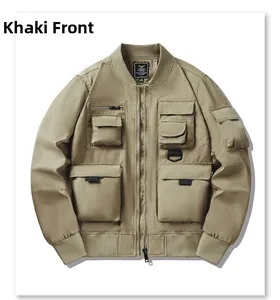 Front view of khaki military bomber jacket with multiple tactical pockets and ribbed cuffs