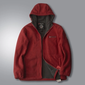 Detailed close-up of thick red fleece jacket lining with Norway logo and hood feature