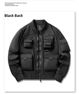 Detailed view of black multi-pocket bomber jacket with ribbed cuffs and neck label