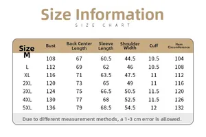 Detailed size chart for men's outdoor camping jacket showing chest and sleeve measurements