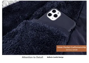 Detail showing deep blue winter jacket with plush fleece lining and spacious inner pocket