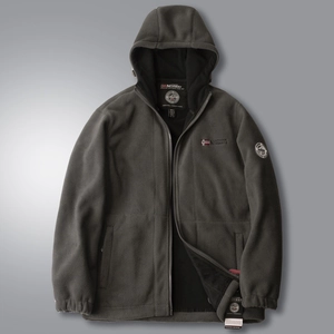 Detail of Outdoor Norway grey fleece hooded jacket showing chest logo and neck label